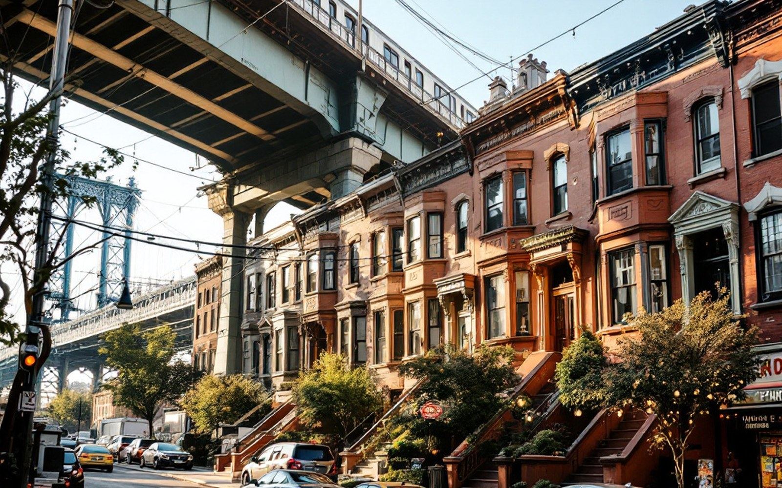 A row of brownstone stoops in late afternoon sun