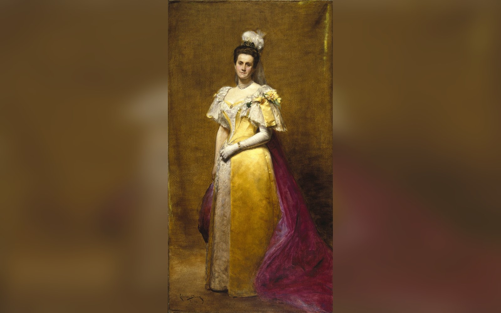 Painted full-length portrait of Emily Warren Roebling in a yellow gown